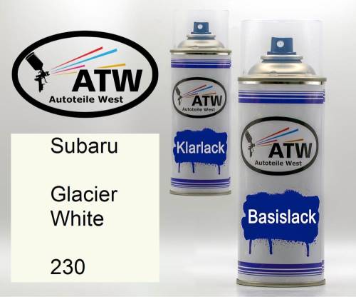 Subaru, Glacier White, 230: 400ml Sprühdose + 400ml Klarlack - Set, von ATW Autoteile West.